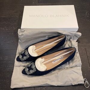 NEW Manolo Blahnik Hangishi Flat Denim Shoes blue jeans fabric Size US 9/ 39